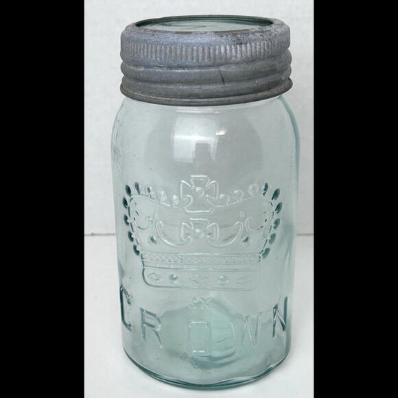 Antique CROWN Quart Aqua Blue Glass Canning Jar Zinc Ring Glass Lid Complete - Picture 2 of 14